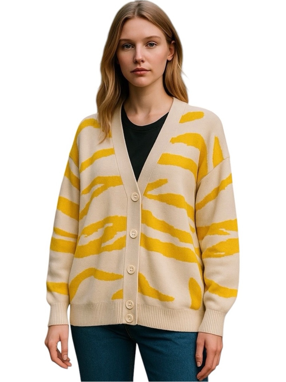 Cabi cream & Yellow zebra Print Button-Up v neck Cardigan oversized small